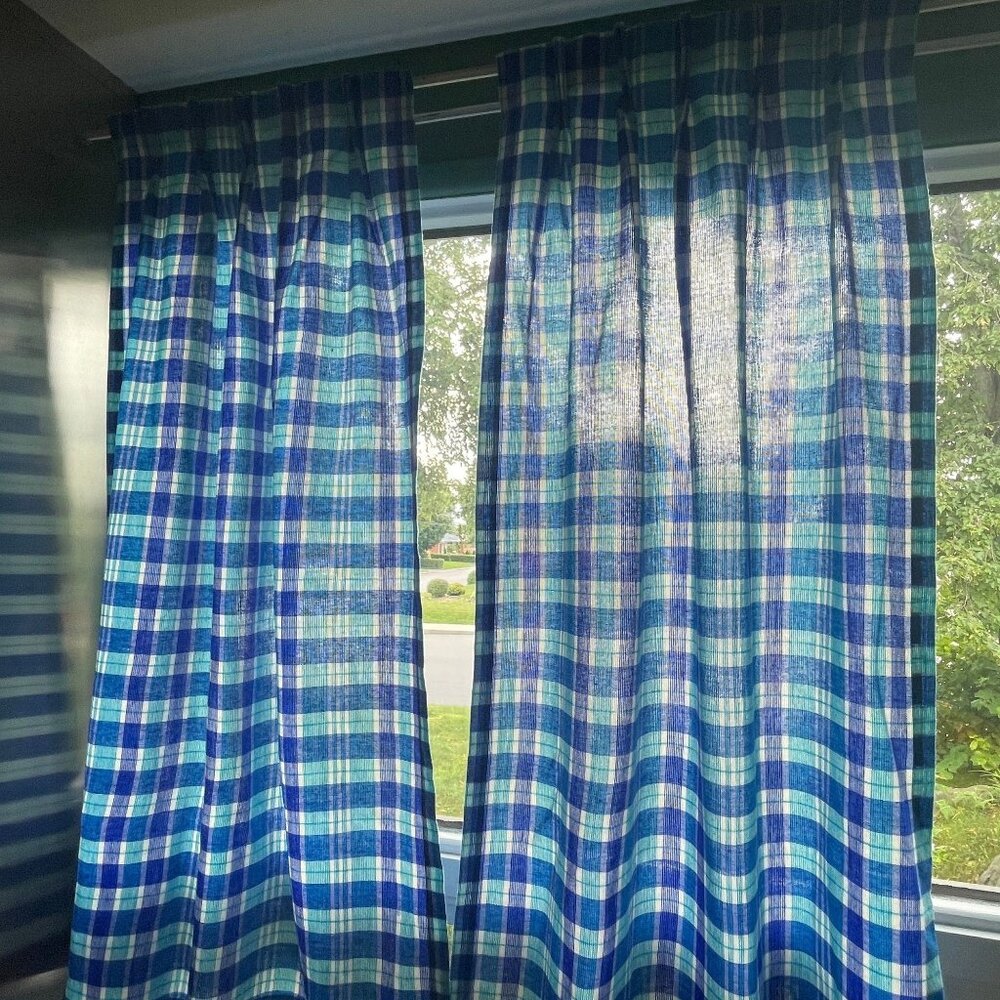 Vintage 80s curtains, bold blue colors plaid, short wide pair of panels, Sears